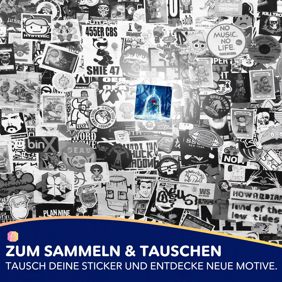 Farbiger Sticker Rose im Wunderglas auf einer Collage aus schwarz-weißen Stickern für Diamond Painting Fans von Picmondoo