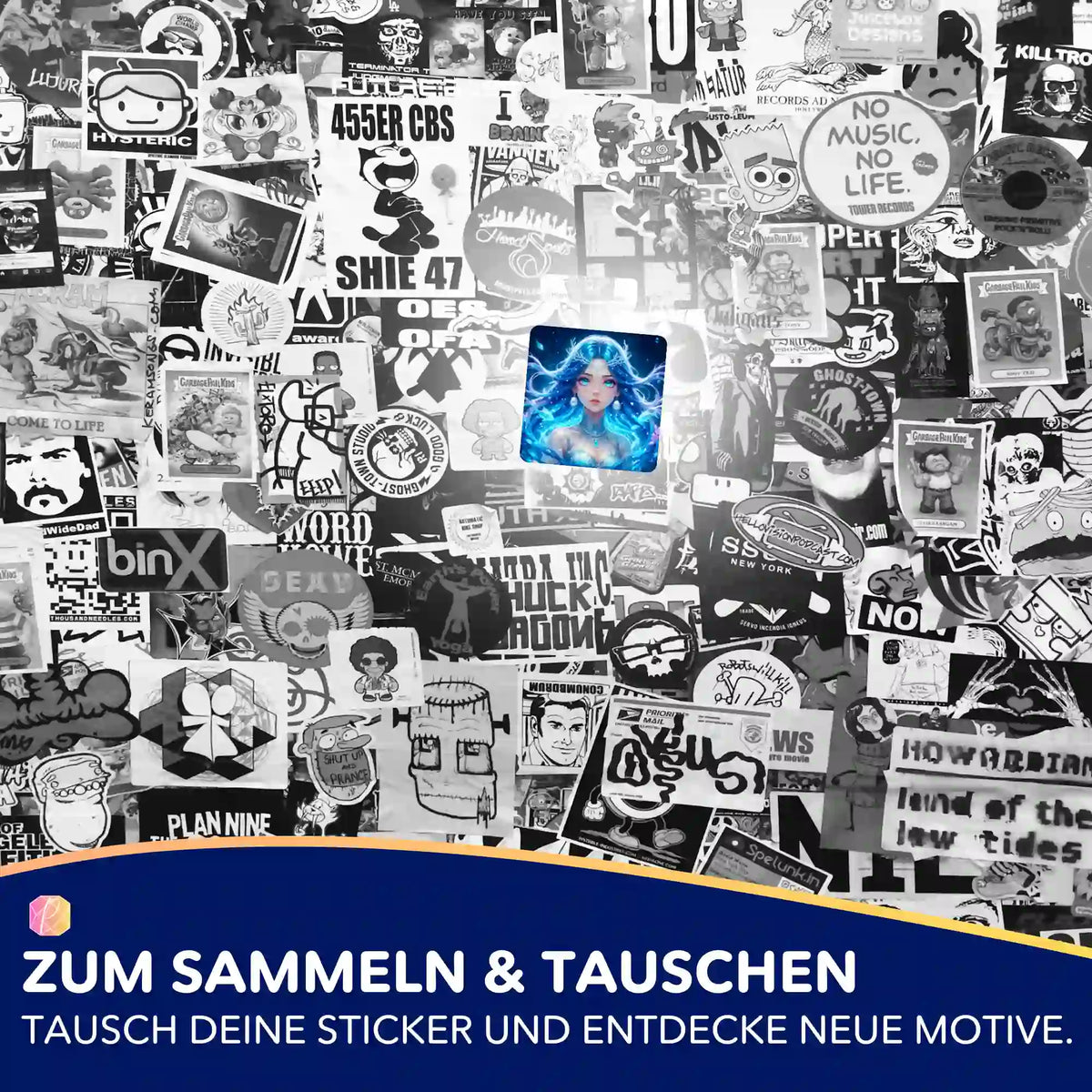 5er-Set Sticker Nerelya Hüterin der Tiefe als buntes Highlight auf einer schwarz-weißen Collage für Diamond Painting Fans