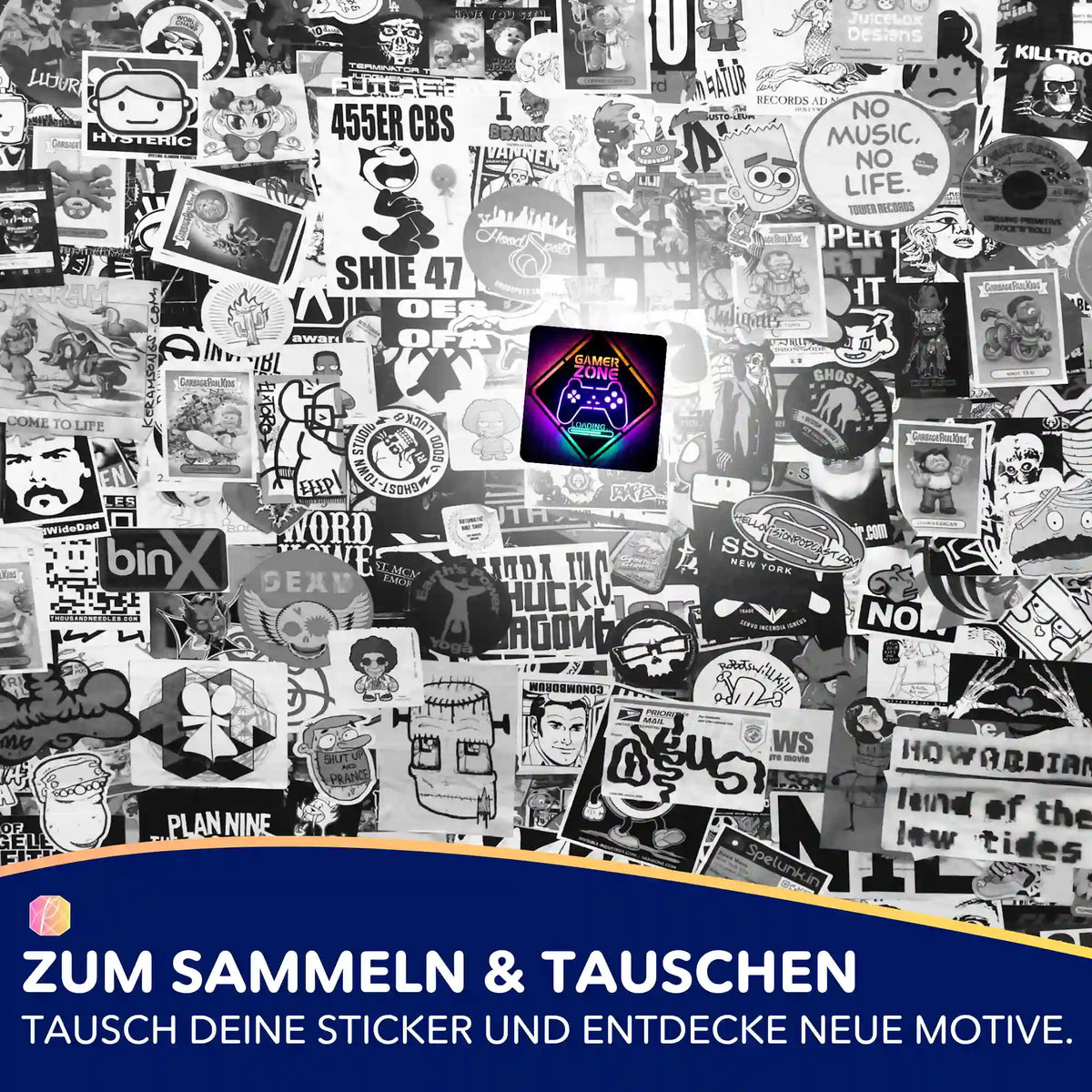 Gamer Zone Sticker für Diamond Painting Organisation – buntes Motiv auf schwarz-weißem Sticker-Hintergrund