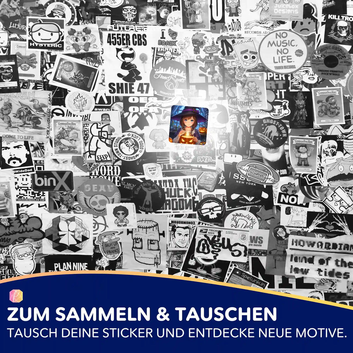 Little Sabrina Aufkleber-Set für Diamond Painting Fans: 5 bunte Sticker auf einem stylischen schwarz-weißen Stickermix
