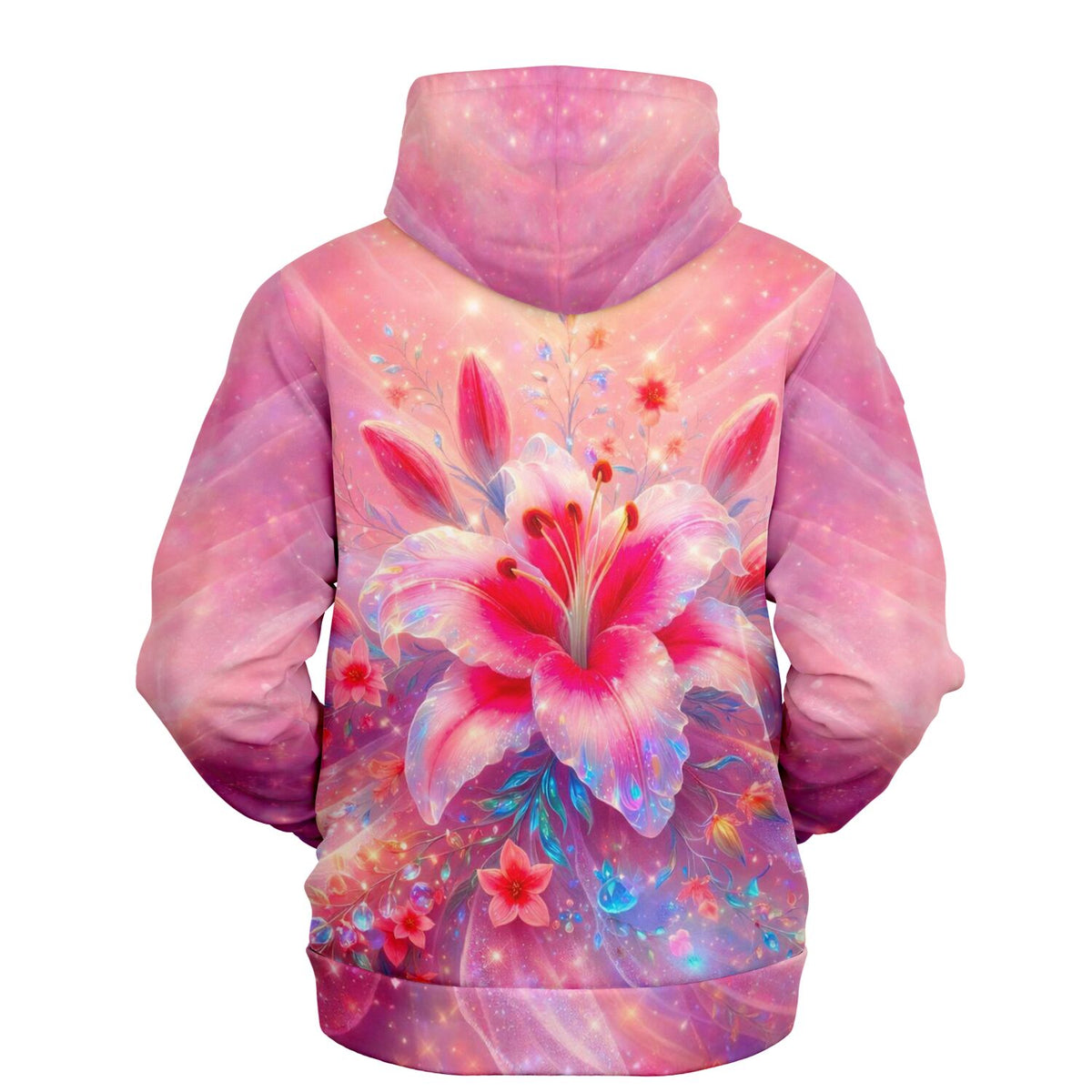 Dreamer Hoodie in Rosé mit zartem Lilien-Motiv, kunstvoller Blumen-Print in leuchtenden Farben wie Diamond Painting