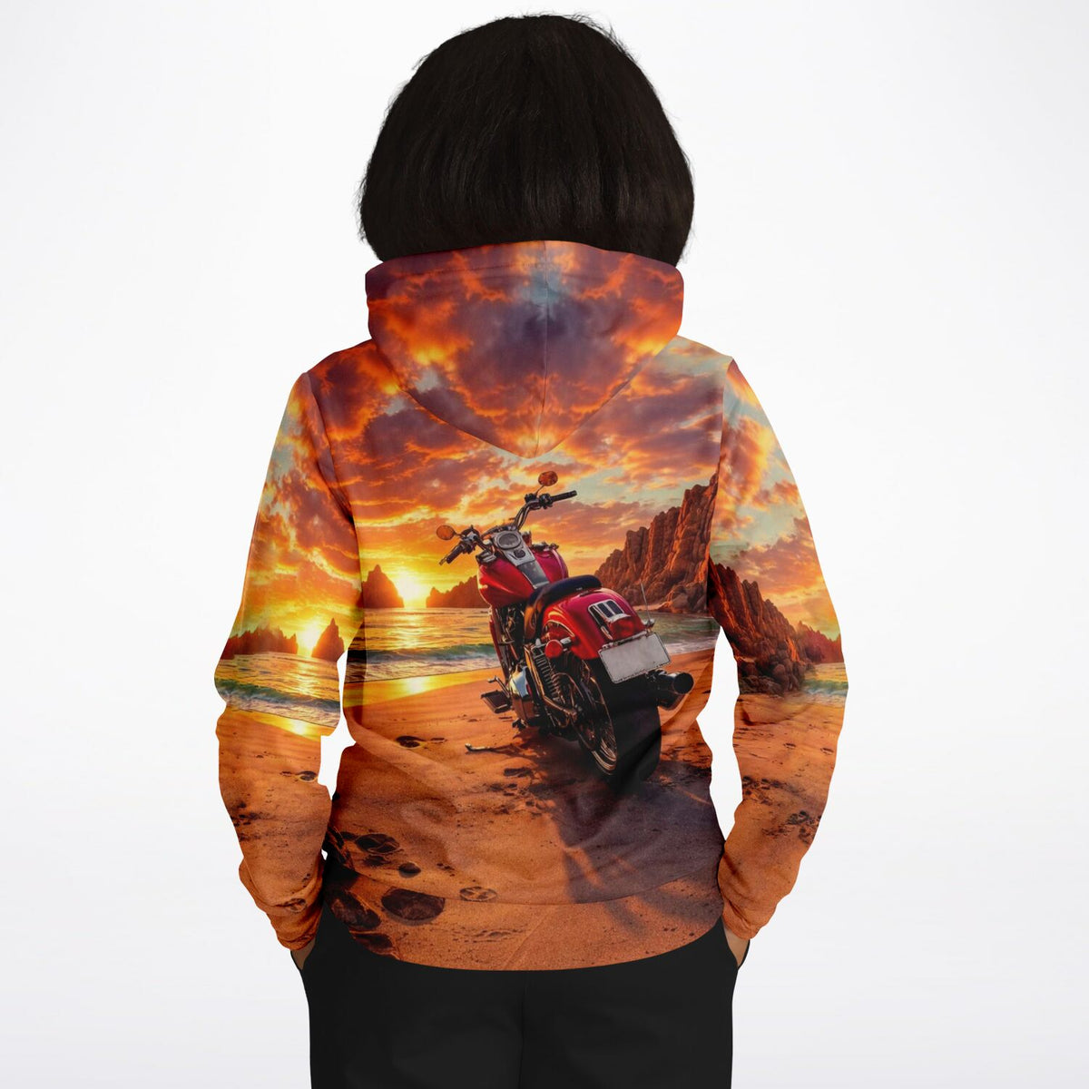 Dreamer Hoodie mit Motorrad Motiv am Strand bei Sonnenuntergang als Allover-Print