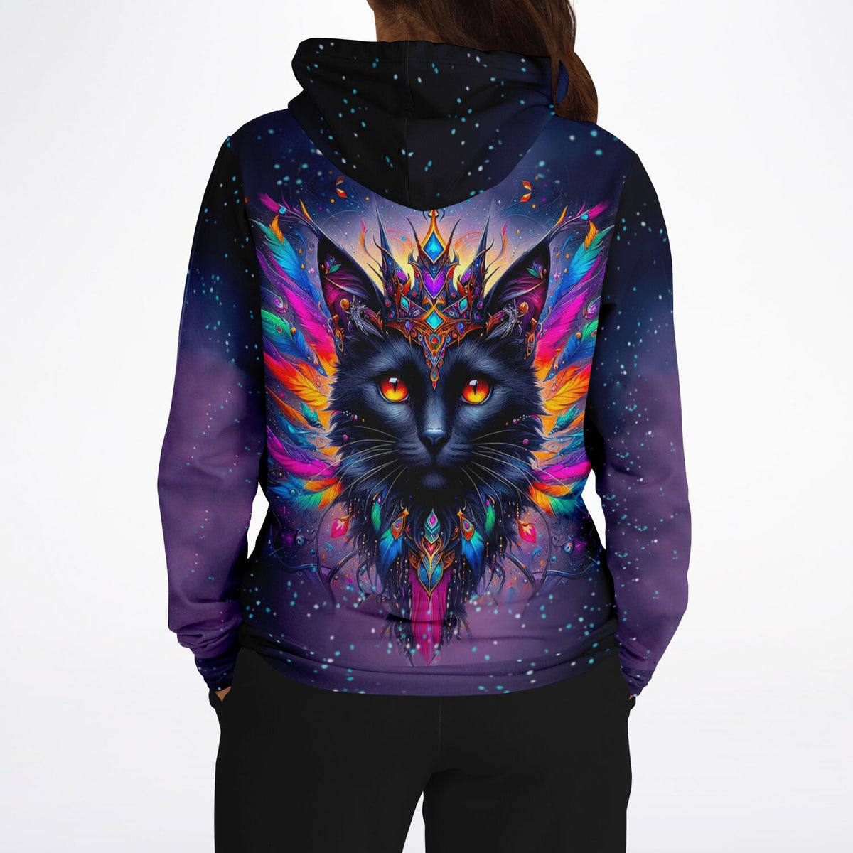 Dreamer Hoodie mit farbenfrohem Mystic Colorsplash Cat Motiv im Diamond Painting Look auf schwarzem Stoff.