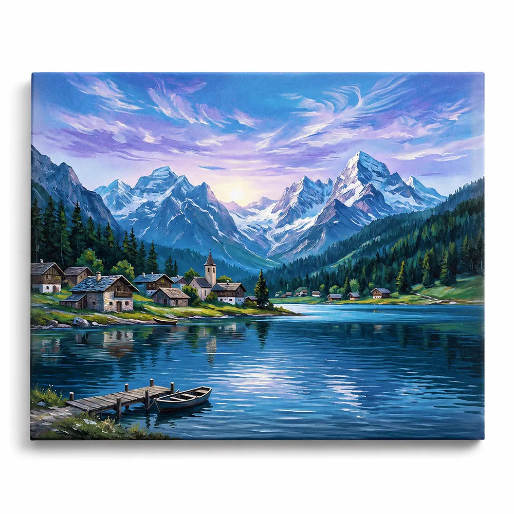 Malen nach Zahlen für Erwachsene: Berglandschaft mit Dorf am See unter violettem Himmel als DIY-Kunstwerk von Picmondoo.