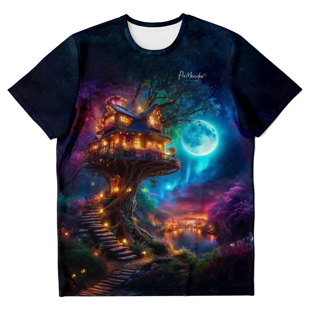 T-Shirt Motiv Sternhafen für Fans von Diamond Painting und Malen nach Zahlen mit magischem Baumhaus bei Vollmond.