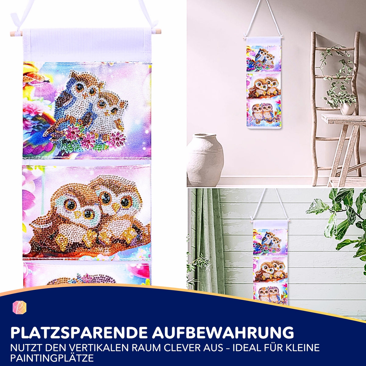 Hängende Diamond Painting Aufbewahrung mit süßem Eulen-Motiv zum Bepainten für dein kreatives Diamond Painting Zubehör.
