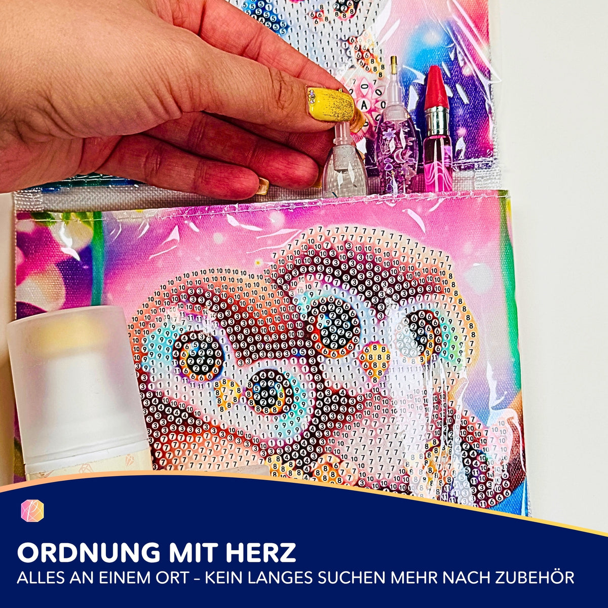 Diamond Painting Aufbewahrung mit niedlichem Eulenmotiv, bestückt mit Zubehör und glitzernden Steinchen