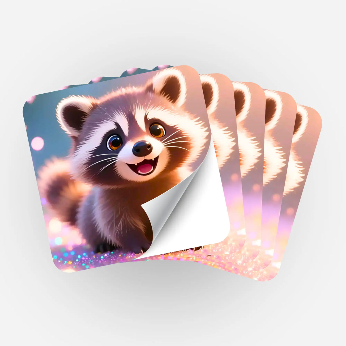 5er-Set Aufkleber Waschbär Purzel für Diamond Painting und Bastelbedarf, glitzerndes Motiv eines niedlichen Waschbären.