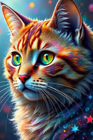 Diamond Painting Katze Sternenpfote mit buntem Fell, magischen Sternen und glitzernden AB-Steinen für ein Tierportrait.