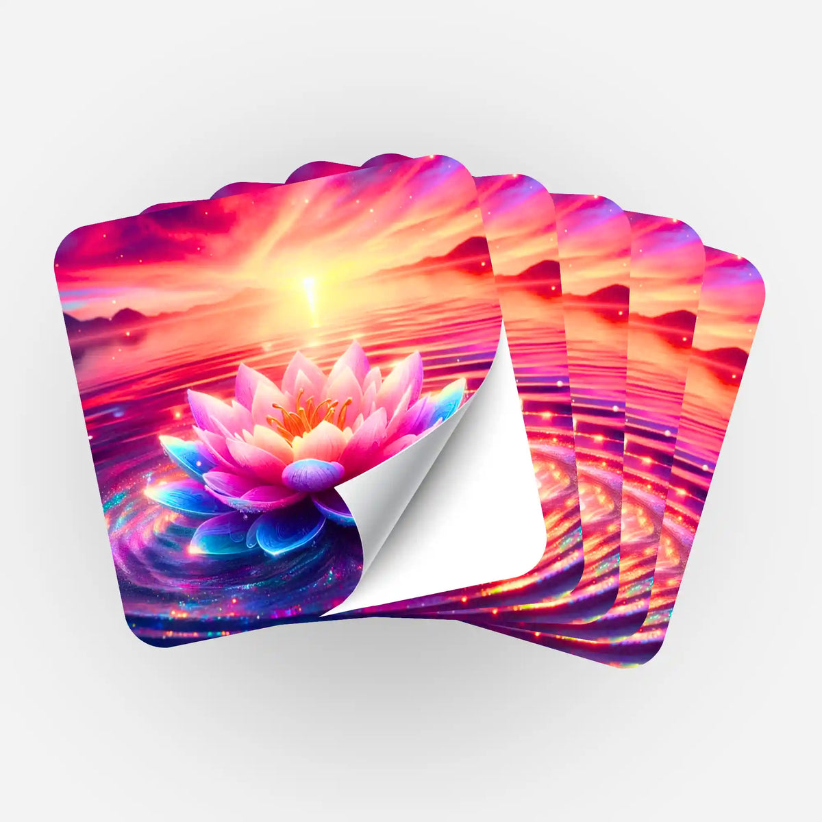 Fächer von 5 Diamond Painting Aufklebern mit Lotossblüten-Motiv vor Sonnenuntergang für Bastel-Zubehör