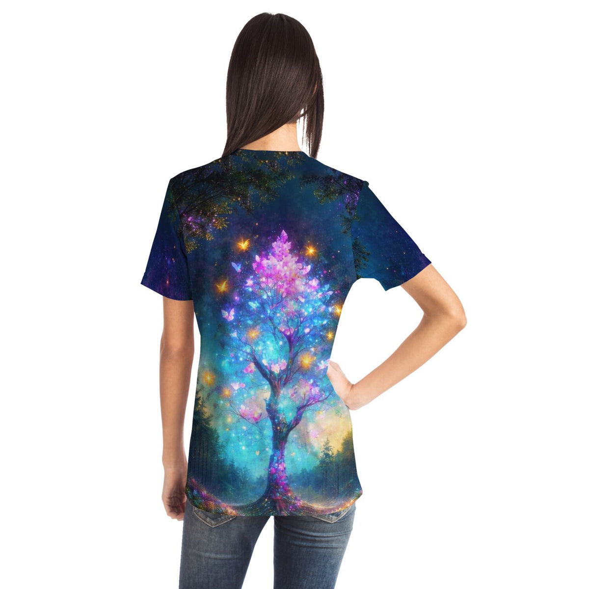 T-Shirt mit Schmetterlingsbaum-Motiv im Diamond Painting Design mit leuchtenden Farben und glitzernden Effekten