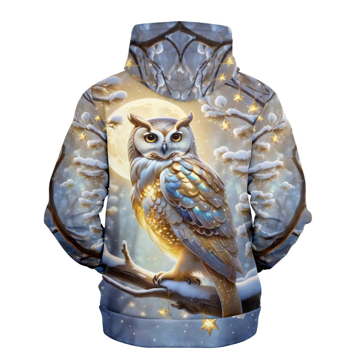 Dreamer Hoodie mit Motiv einer goldenen Schneeeule im Vollmondlicht, winterlicher Wald-Print für Diamond Painting Fans
