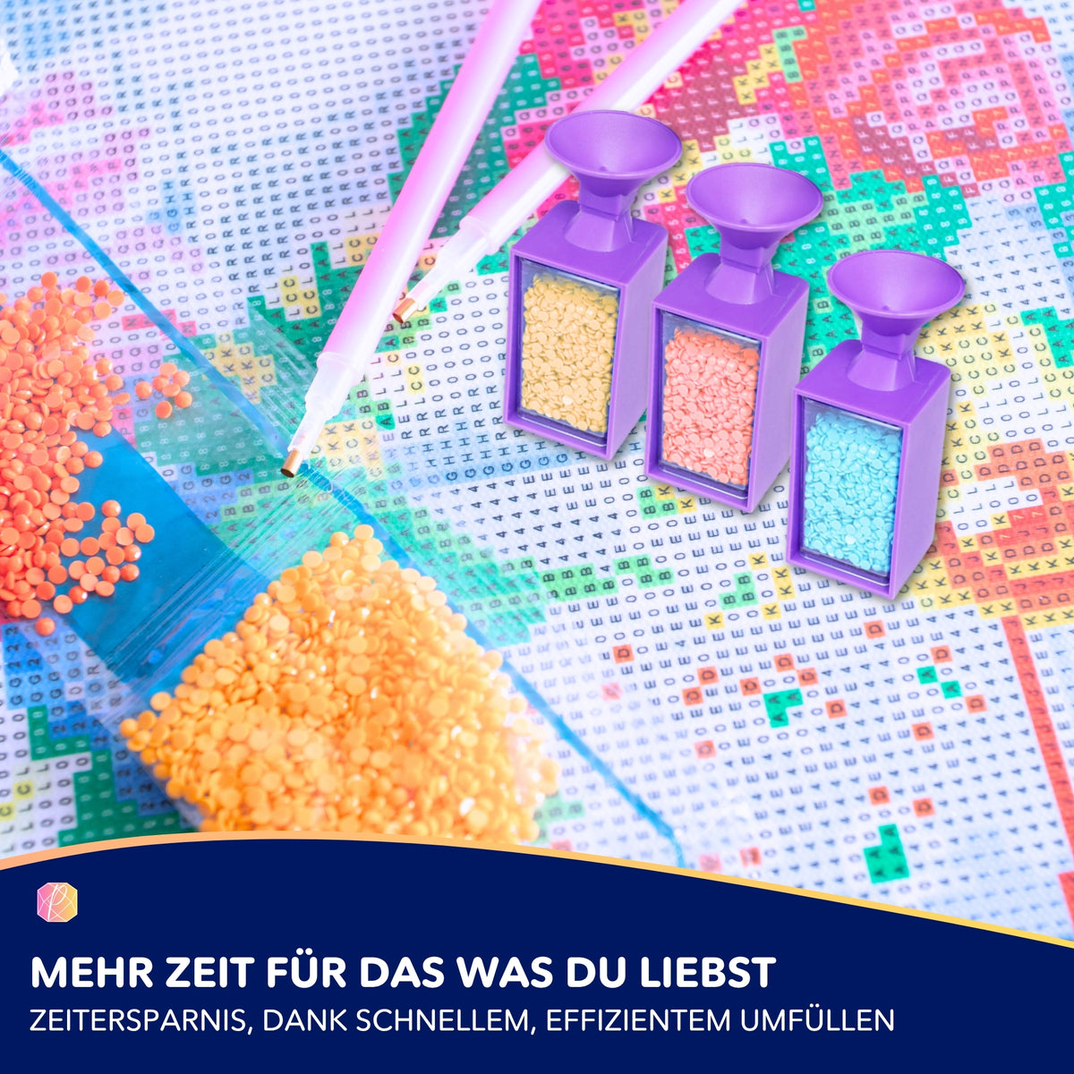 Lila Steinchen-Trichter mit Döschen zum einfachen Umfüllen von Diamond Painting Steinen für ein effizientes DIY-Erlebnis