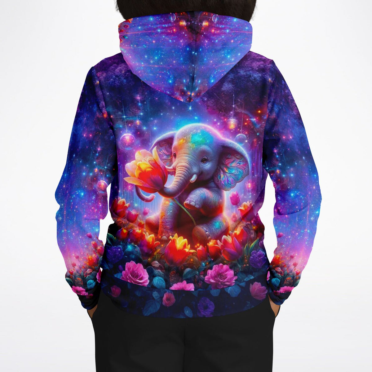 Hoodie mit buntem Elefantenmädchen im Galaxie-Design, passend zu künstlerischen Diamond Painting Motiven