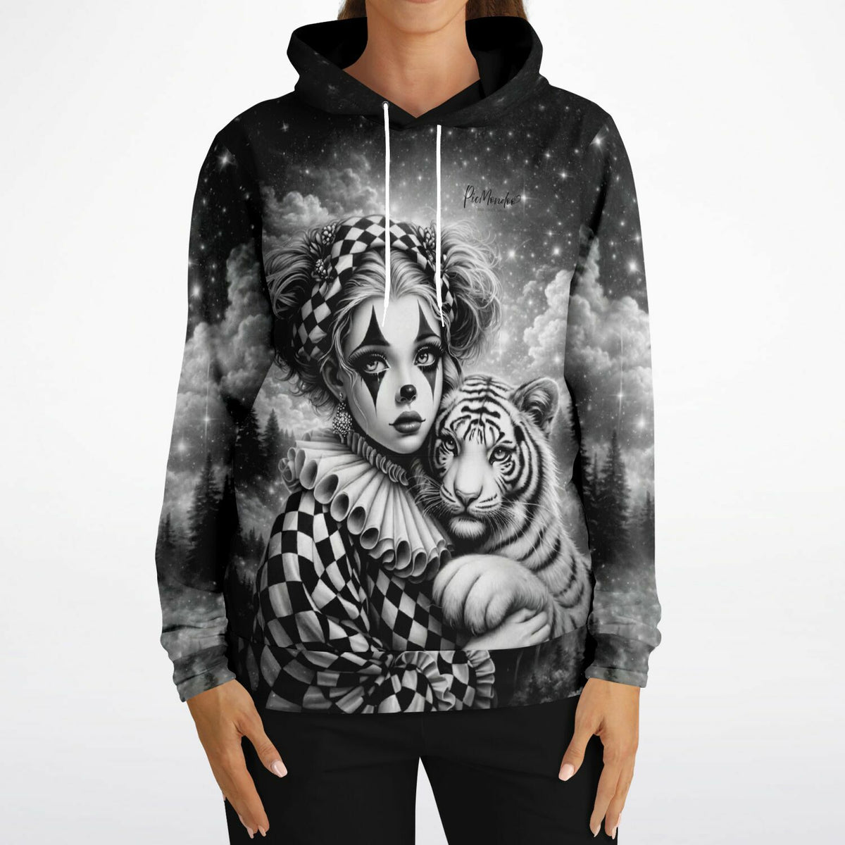 Schwarzer Picmondoo Kapuzenpullover mit Maskerade Motiv: Frau im Clowns-Kostüm mit Tiger im Diamond Painting Design.