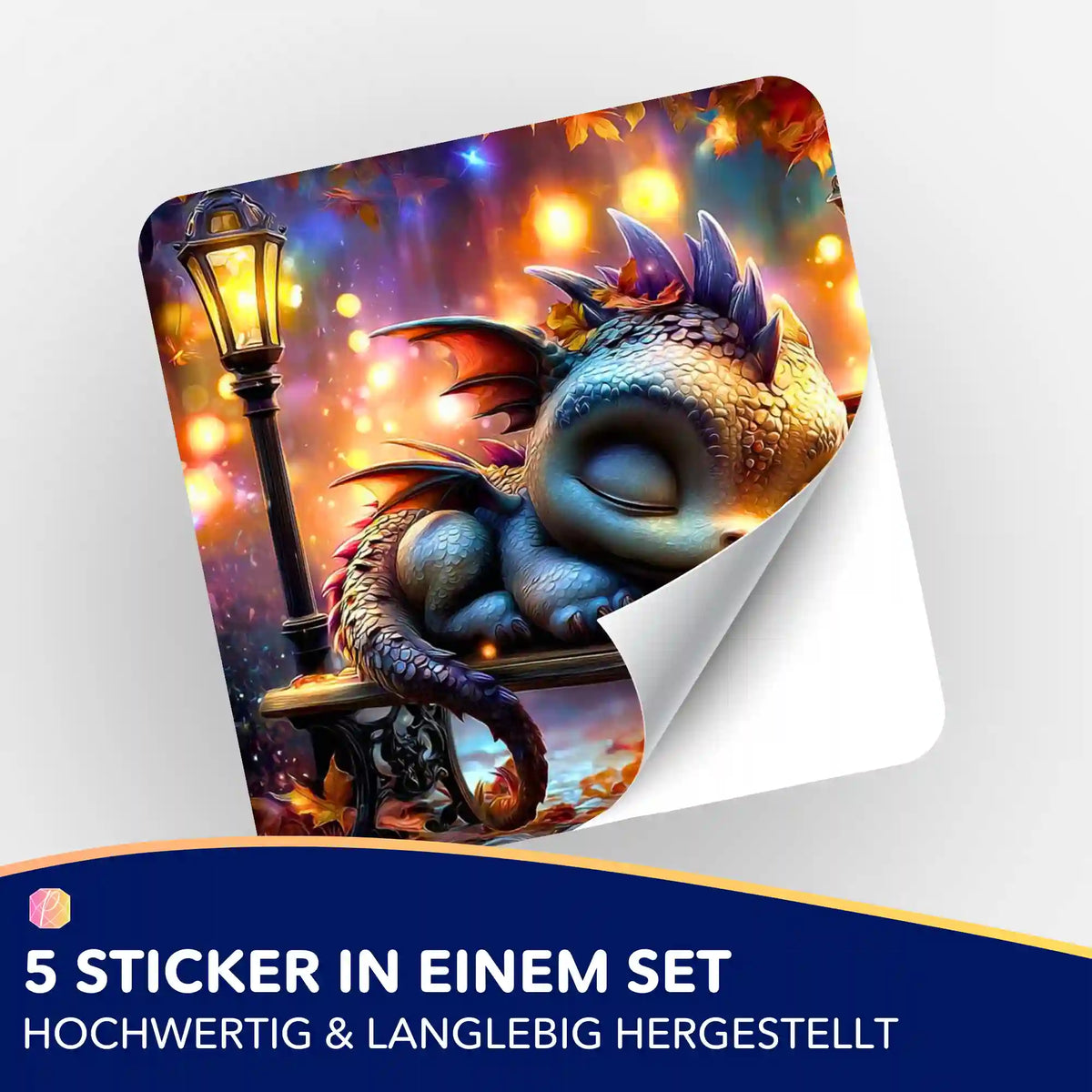 Lumos Schlummer Sticker für Diamond Painting Zubehör mit schlafendem Drachen Motiv in bunten herbstlichen Farben