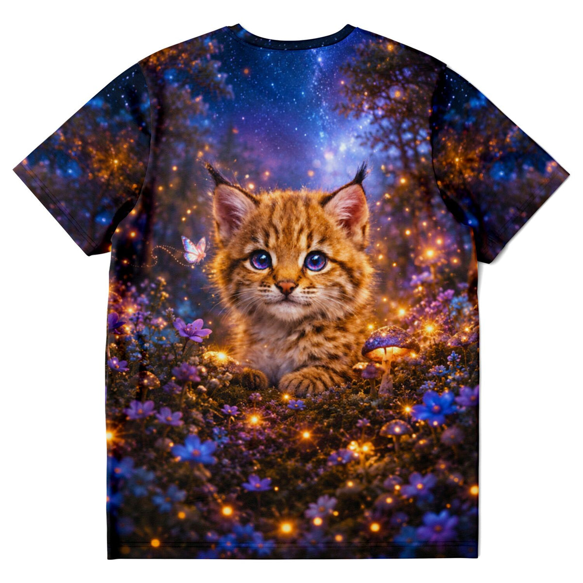 T-Shirt mit Luchs-Motiv in magischem Wald, inspiriert von Diamond Painting Kunst mit leuchtenden Blumen und Sternenhimmel