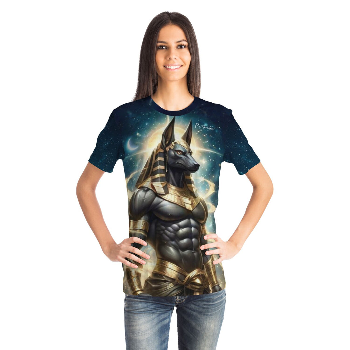 Frau trägt Anubis T-Shirt mit ägyptischem Motiv im Stil unserer Diamond Painting und Malen nach Zahlen Kollektionen
