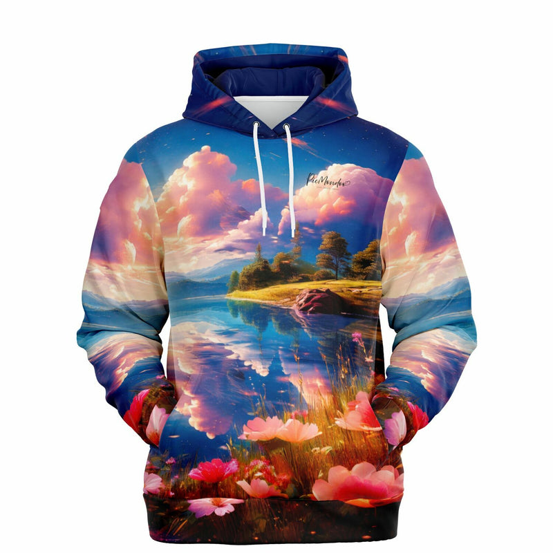 Dreamer Hoodie mit farbenfrohem Landschaftsmotiv von See und Blumen, passend zum Stil von Malen nach Zahlen & Diamond Painting