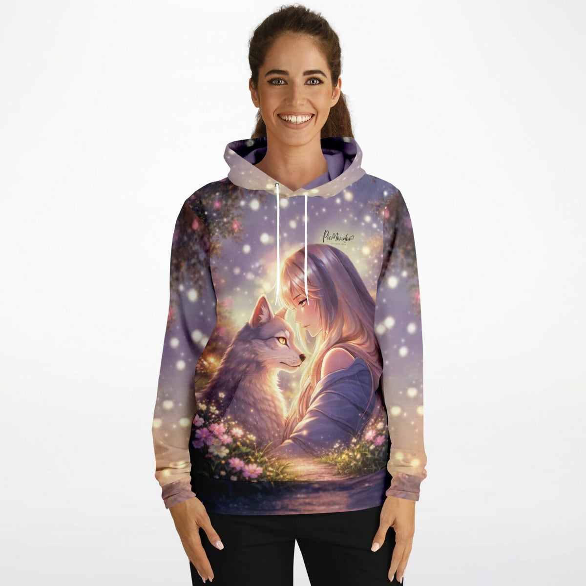 Dreamer Hoodie mit stimmungsvollem Mädchen- und Wolf-Motiv, inspiriert von kunstvollen Diamond Painting Designs