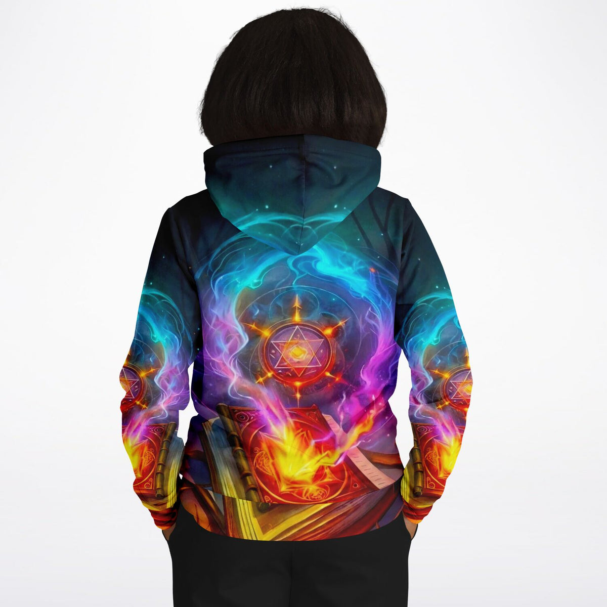 Dreamer Hoodie Hexenkünste mit magischem Zauberbuch, Hexensymbolen und farbenfroher Fantasy-Grafik im Allover-Print