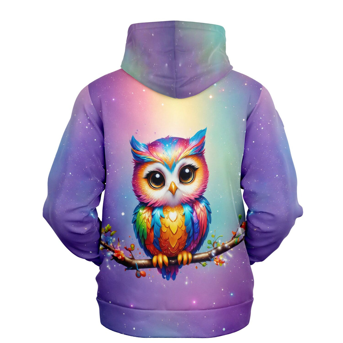 Bunter Hoodie mit Eule Fridolin Motiv vor einem farbenfrohen Sternenhimmel, ähnlicher Stil wie Diamond Painting Kunst