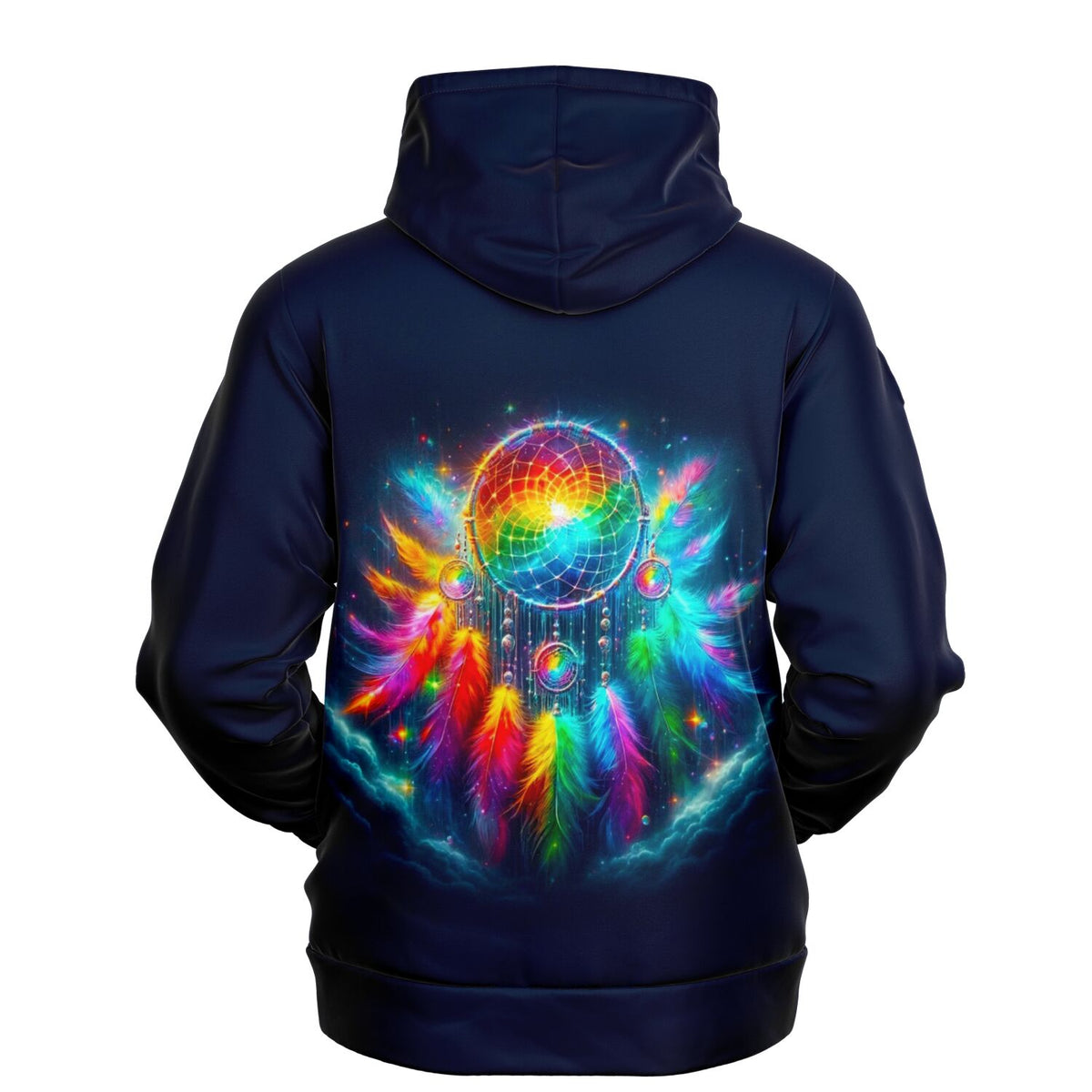 Dunkelblauer Hoodie mit buntem Traumfänger-Motiv und leuchtenden Federn im Stil beliebter Diamond Painting Designs.