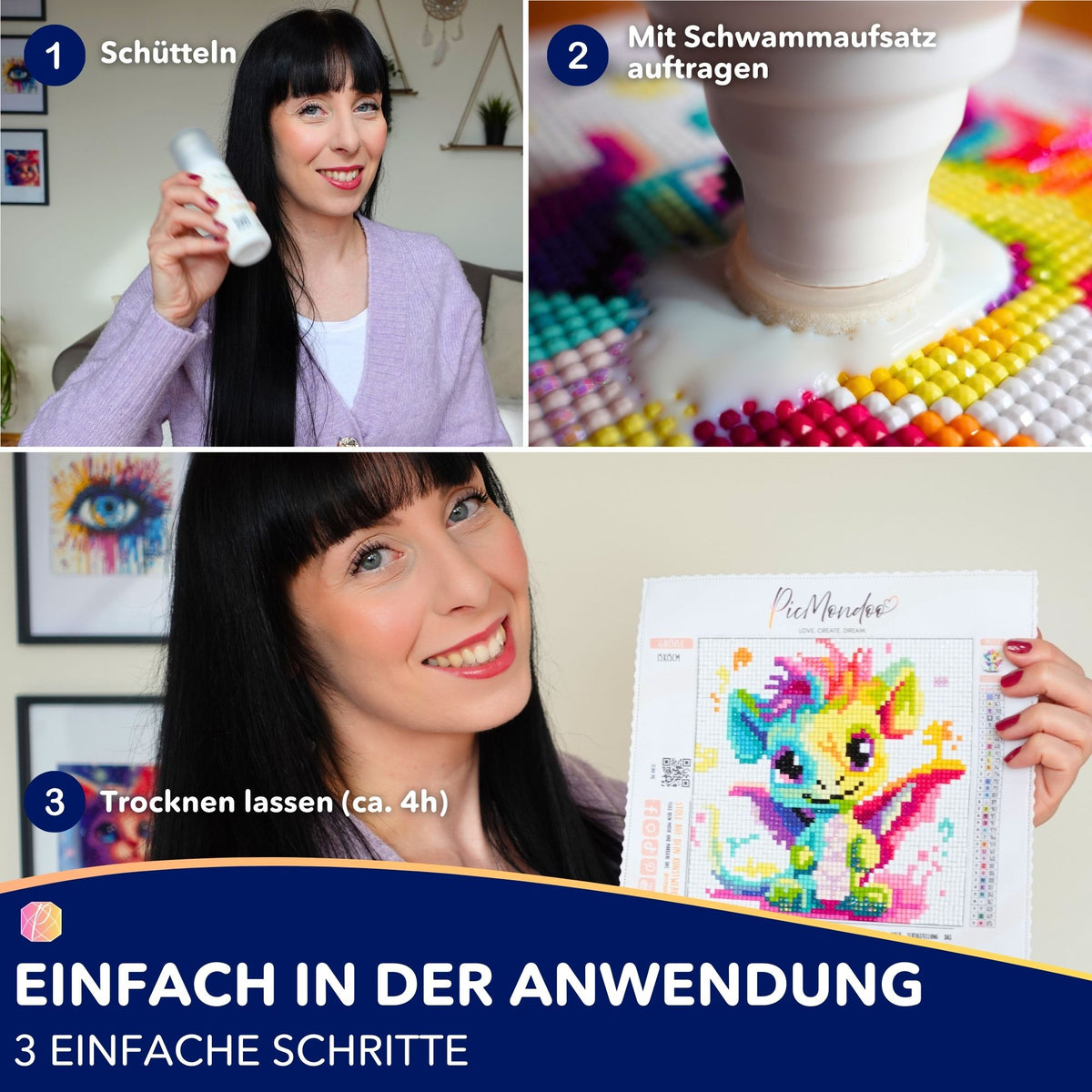 Anwendung von Diamond Painting Versiegelung mit Schwammaufsatz auf einem glitzernden Picmondoo Kunstwerk in drei Schritten