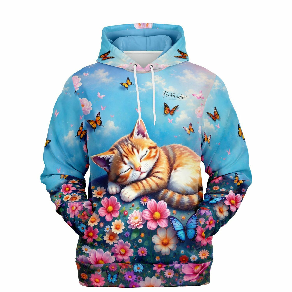 Dreamer Hoodie mit Motiv von schlafender Katze, bunten Blumen und Schmetterlingen im Picmondoo-Stil für Kunst-Liebhaber