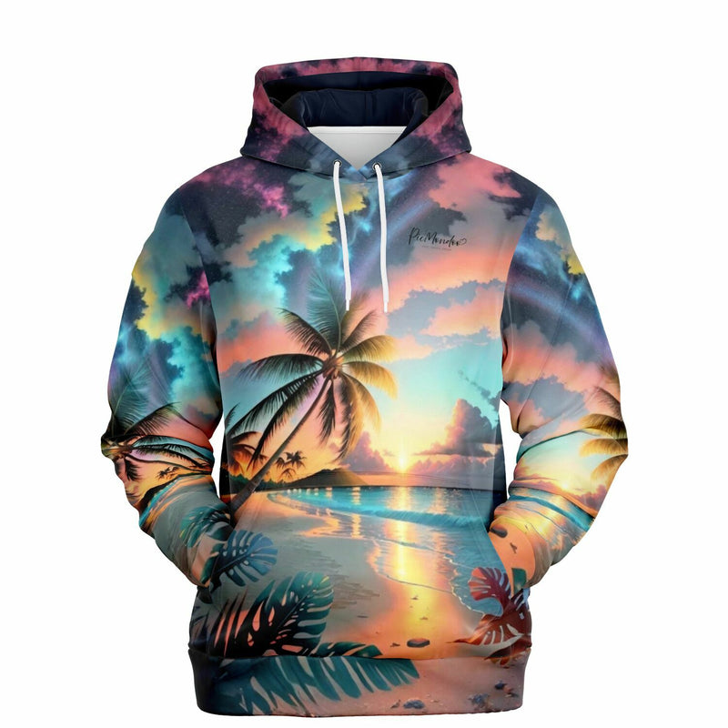 Dreamer Hoodie mit farbenfrohem Palmen-Strandmotiv bei Sonnenuntergang für Fans von Diamond Painting und Malen nach Zahlen
