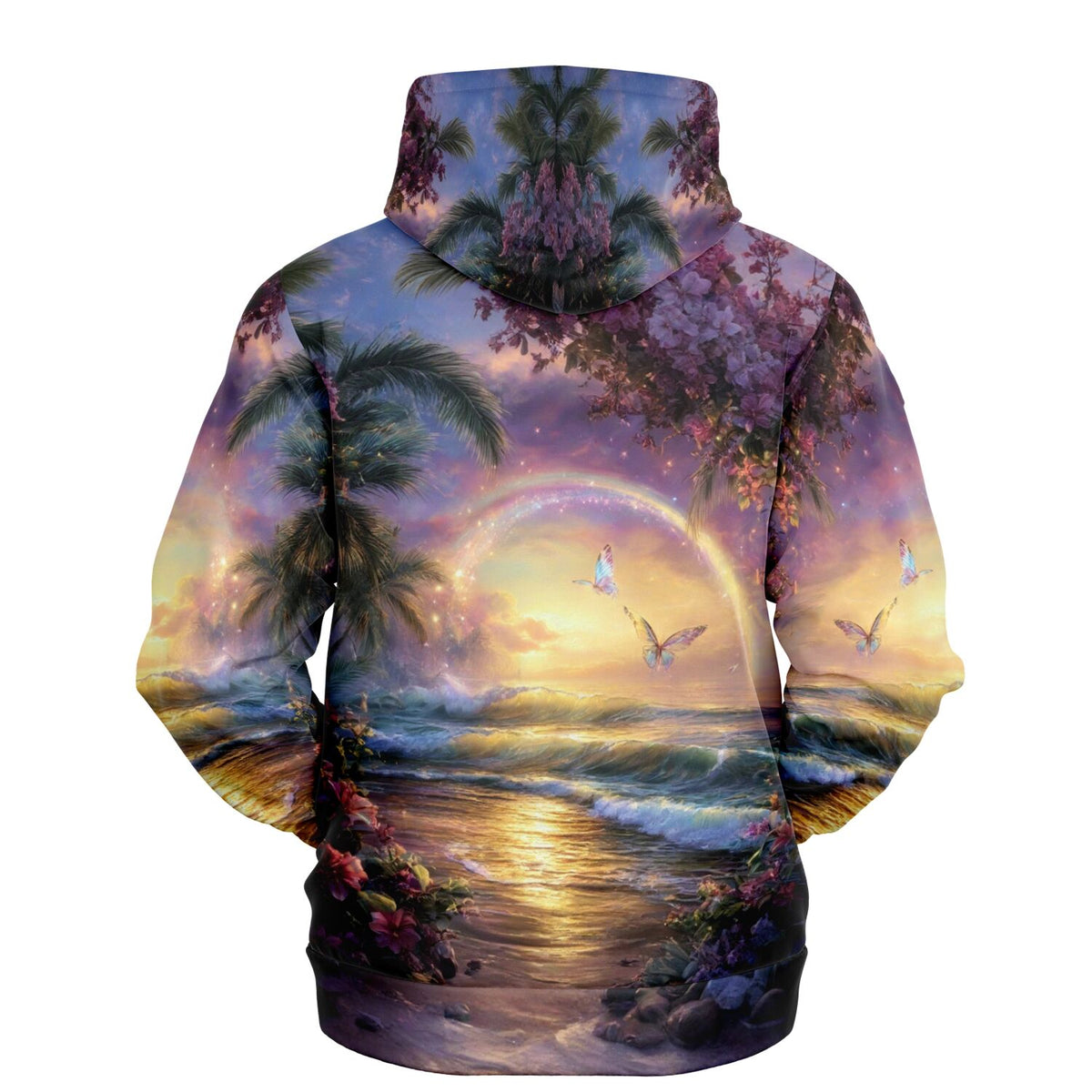 Dreamer Hoodie mit farbenfrohem Motiv: Tropenstrand, Regenbogen, Schmetterlingen und Palmen in traumhaften Farben