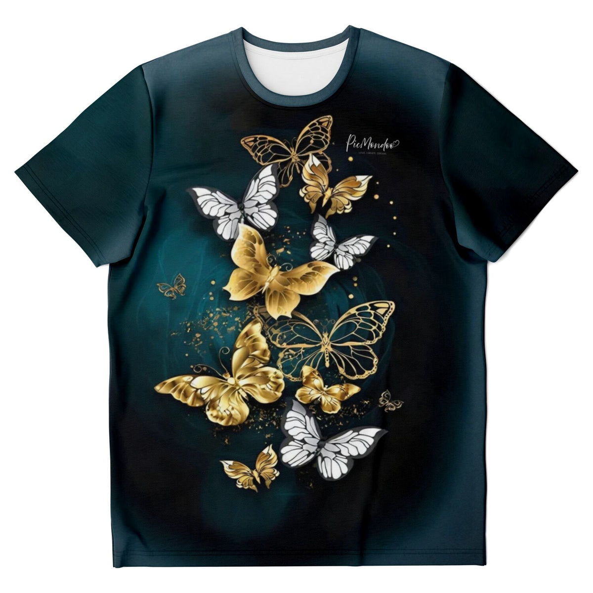 Schwarzes Dreamer T-Shirt mit goldenen Schmetterlingen, passend zu eleganten Diamond Painting Motiven und DIY-Stil.