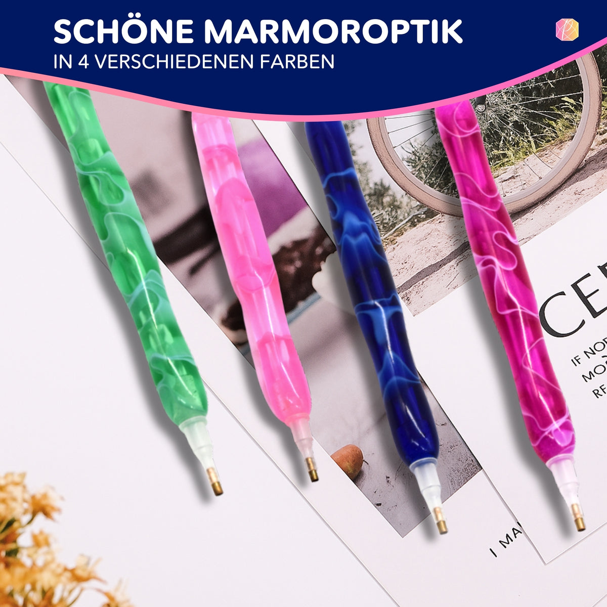 Vier E-Painter Stifte für Diamond Painting in blauer, grüner, rosa und pinker Marmoroptik