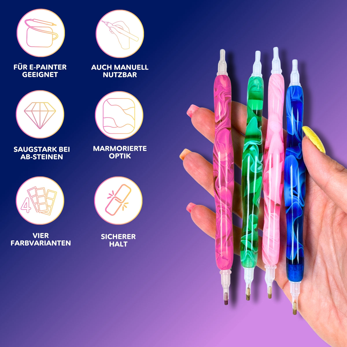 Vier marmorierte E-Painter Stifte für Diamond Painting in verschiedenen Farben in der Hand gehalten