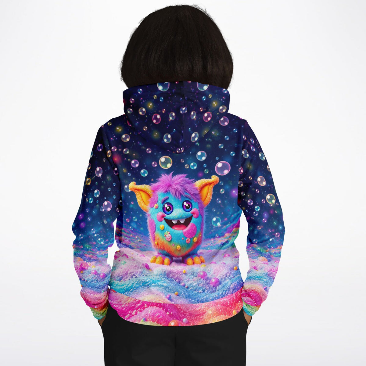 Dreamer Hoodie mit buntem Grinsebacke-Monster Motiv, Seifenblasen und leuchtenden Farben im All-Over-Print Design
