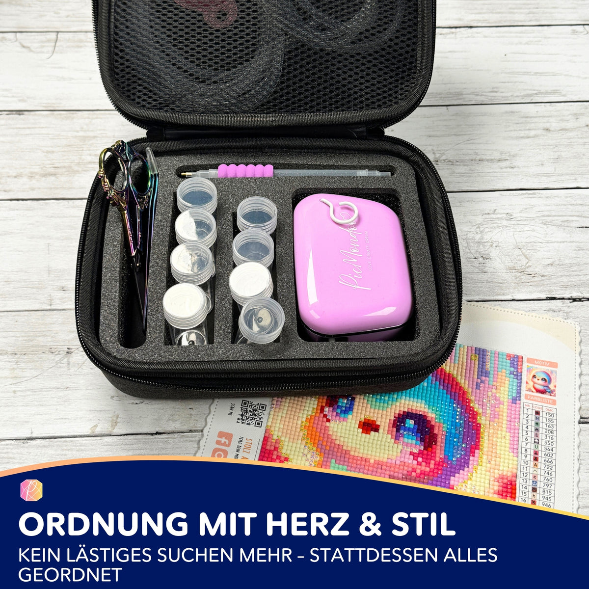 Picmondoo Aufbewahrungsbox für Diamond Painting E-Painter Zubehör mit Stiften und Glitzersteinen