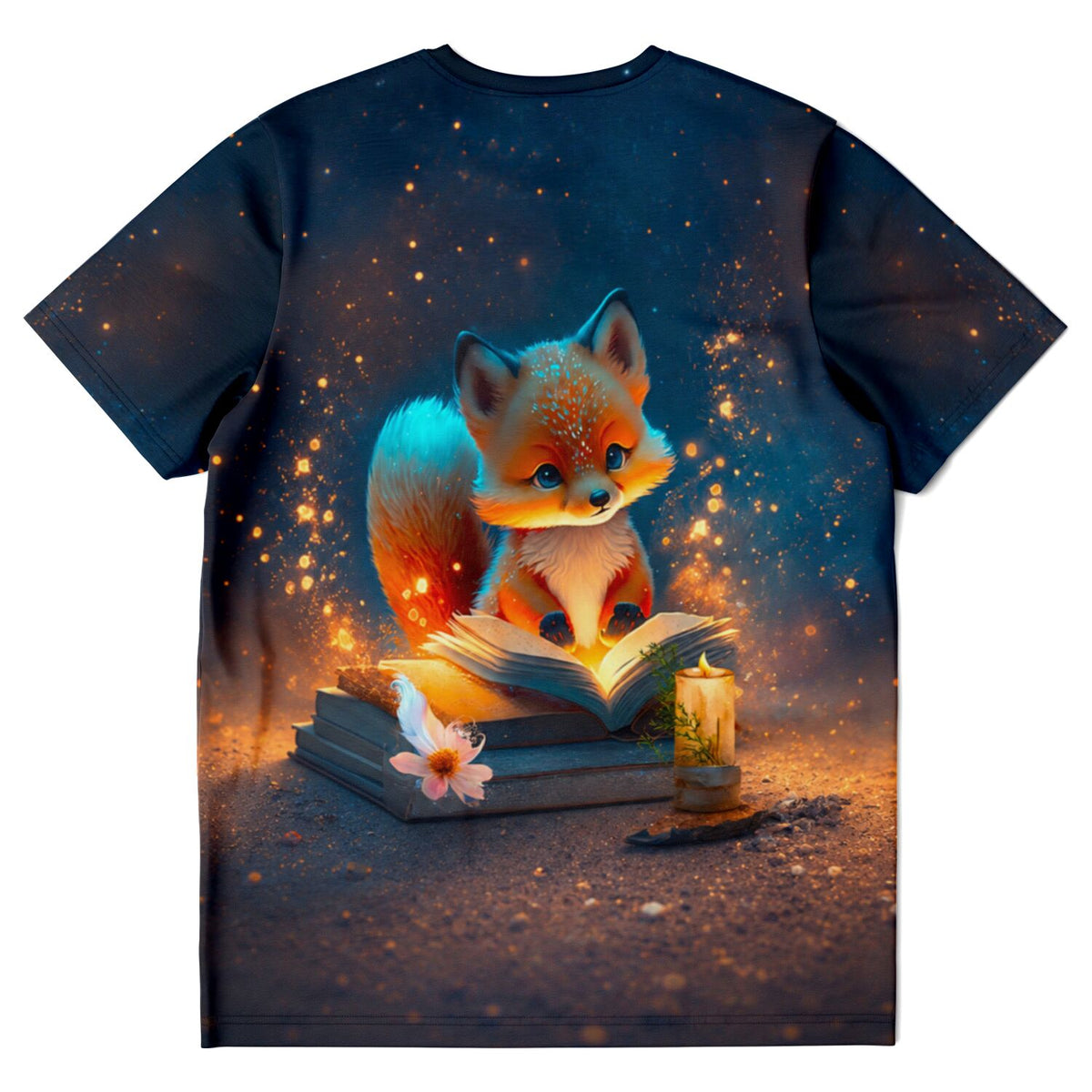 T-Shirt mit verträumtem Fuchsmotiv beim Lesen im märchenhaften Wald, ideal für Fans von Diamond Painting und DIY-Kunst.