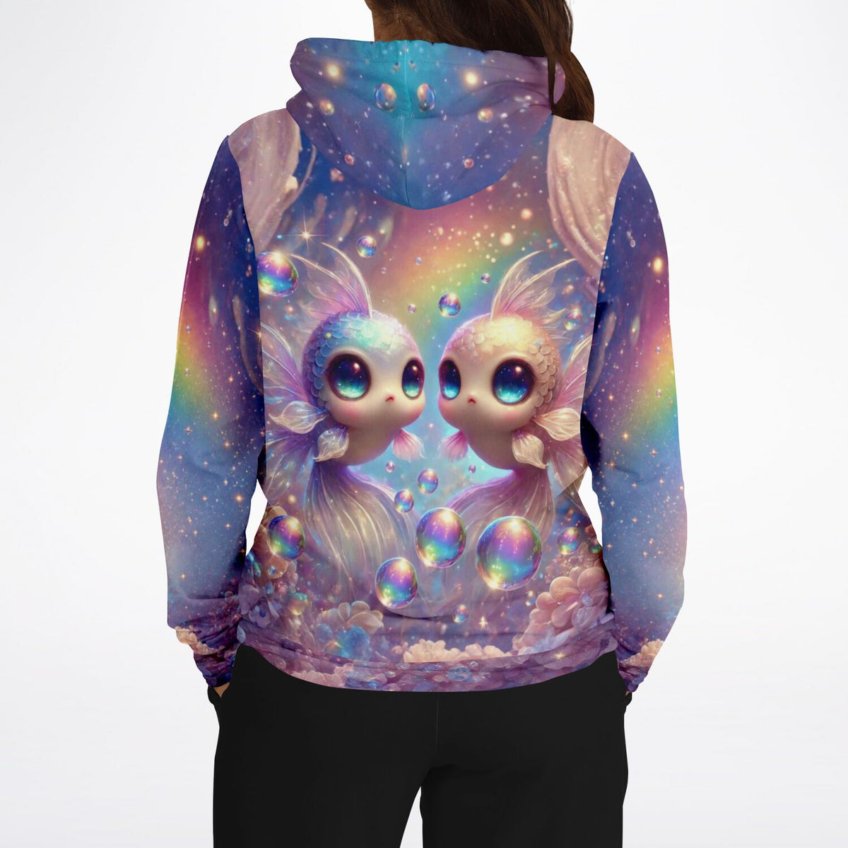 Dreamer Hoodie mit magischem Glitzerwelt Motiv: Fantasy-Fische, Regenbogenfarben und funkelnde Seifenblasen