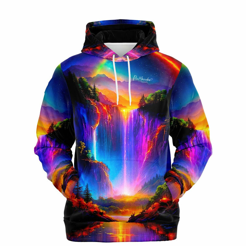 Dreamer Hoodie mit farbenfrohem Nachtleuchten-Wasserfall motiv – ideal für Fans von Diamond Painting und Kunstdesigns