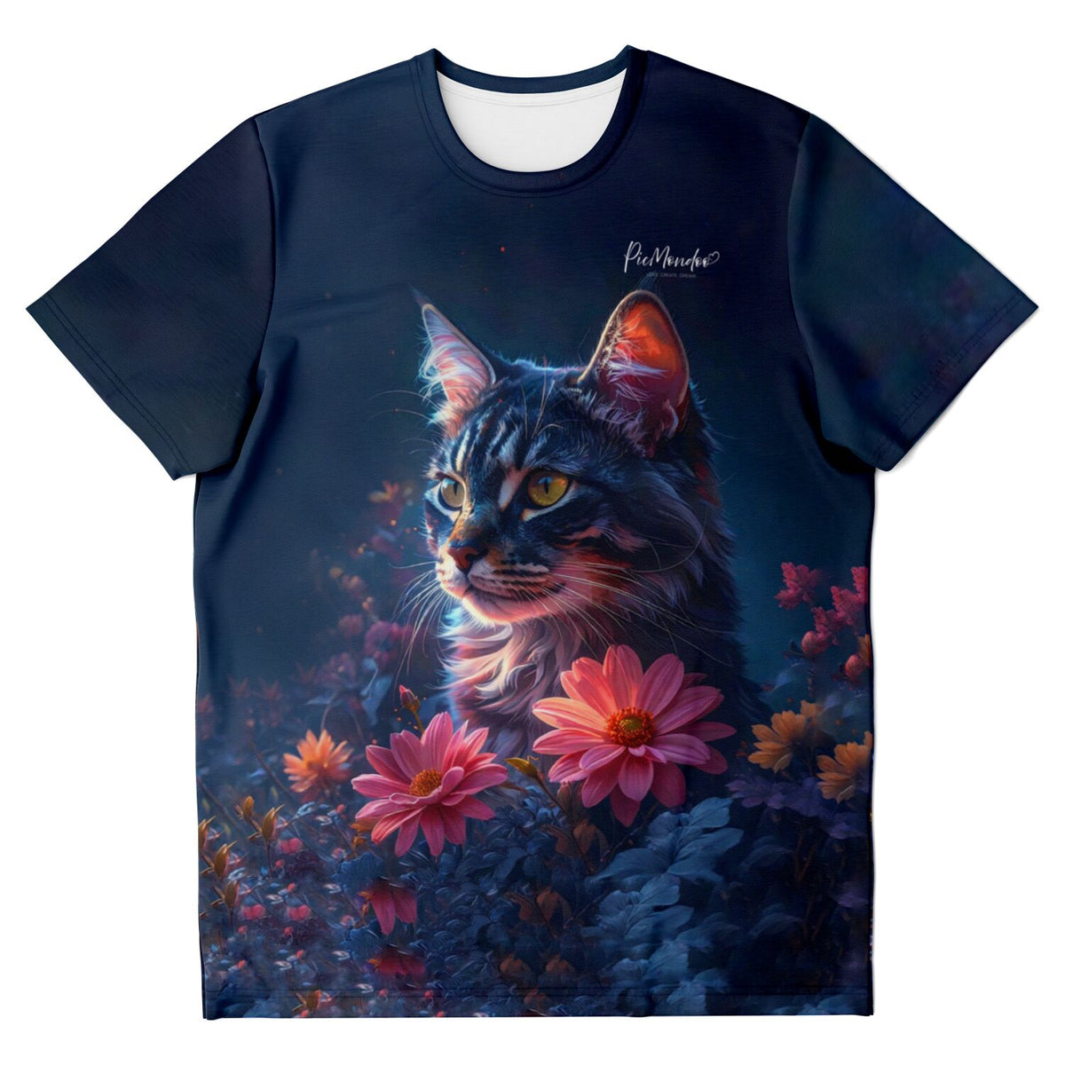 Dunkelblaues T-Shirt mit künstlerischem Katzen-Motiv in Blumen, ideal für Fans von Malen nach Zahlen und Diamond Painting