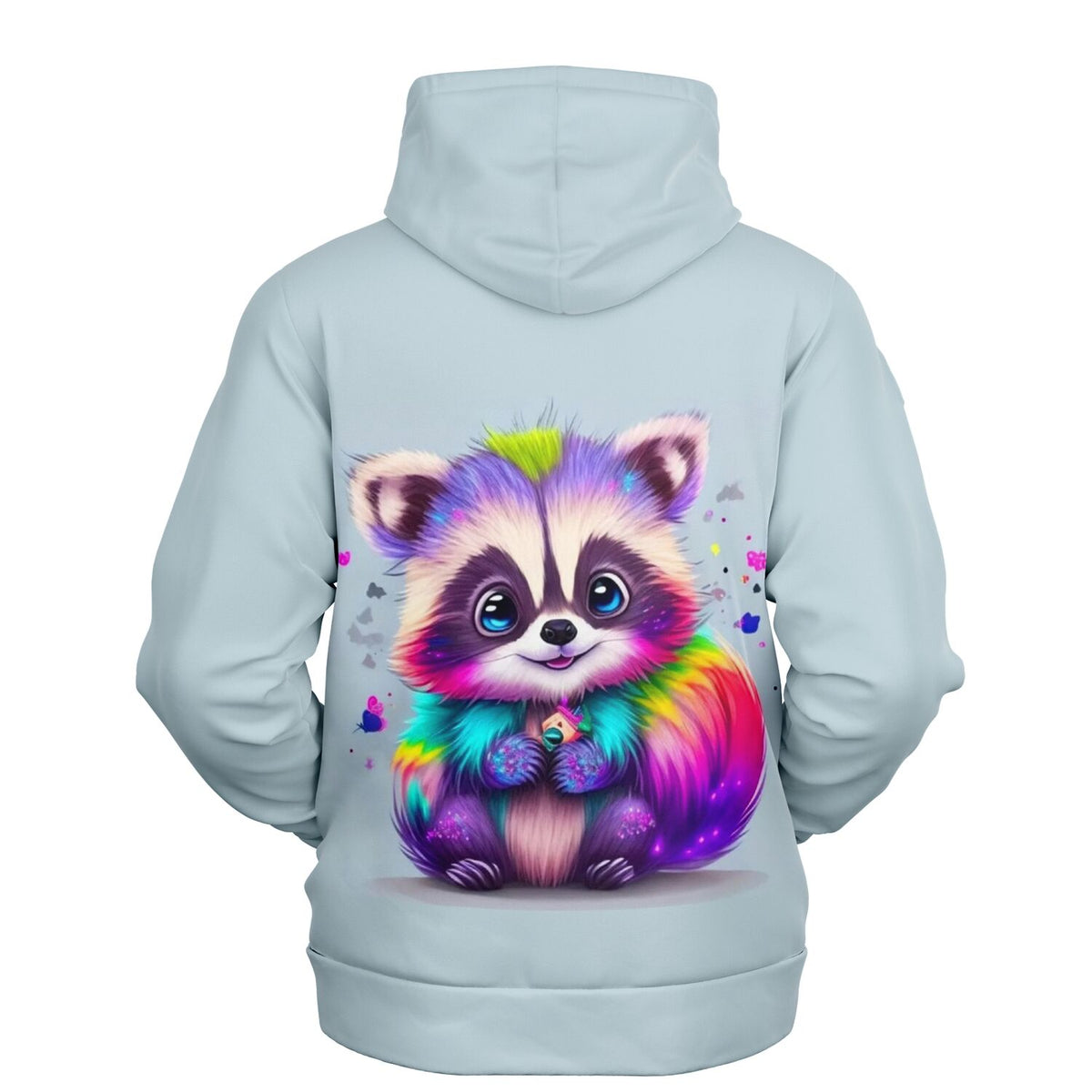 Hellblauer Dreamer Hoodie mit buntem Waschbär-Motiv im Stil von Diamond Painting und Malen nach Zahlen für Erwachsene