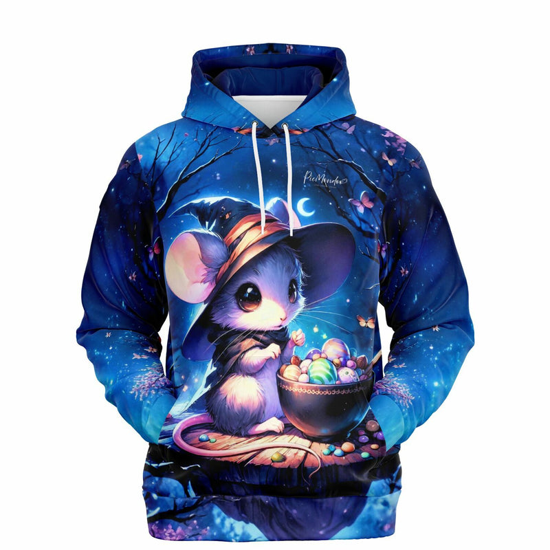 Kuscheliger Hoodie mit süßer Hexen-Maus, inspiriert von Diamond Painting Kunst und magischen Mond-Motiven.