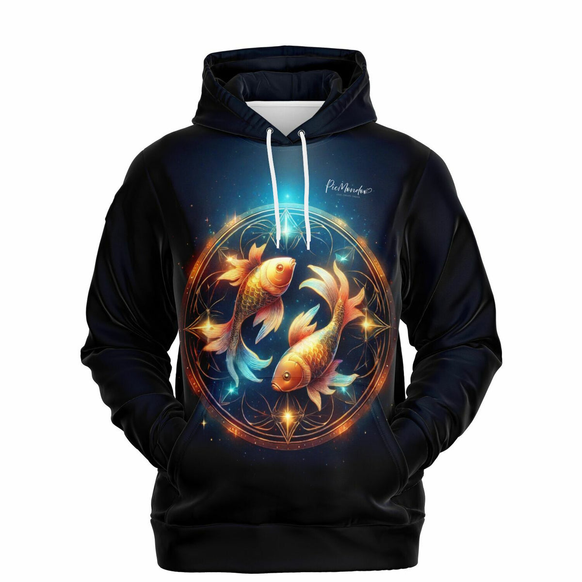 Schwarzer Dreamer Hoodie mit leuchtendem Sternzeichen-Fisch-Motiv und mystischem Design für DIY-Fans