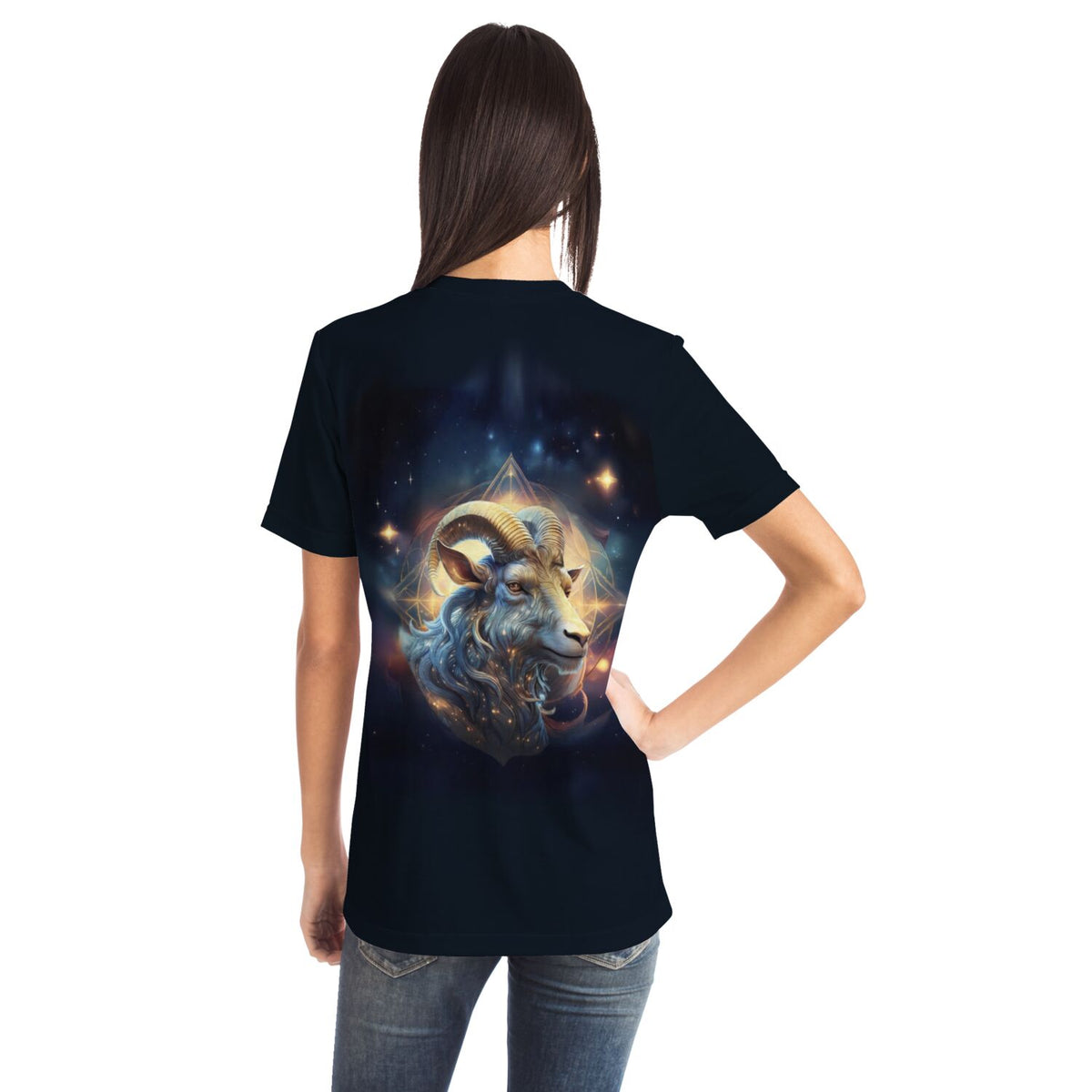 Schwarzes T-Shirt mit Steinbock Sternzeichen Motiv im Stil von Diamond Painting und Malen nach Zahlen Kunst