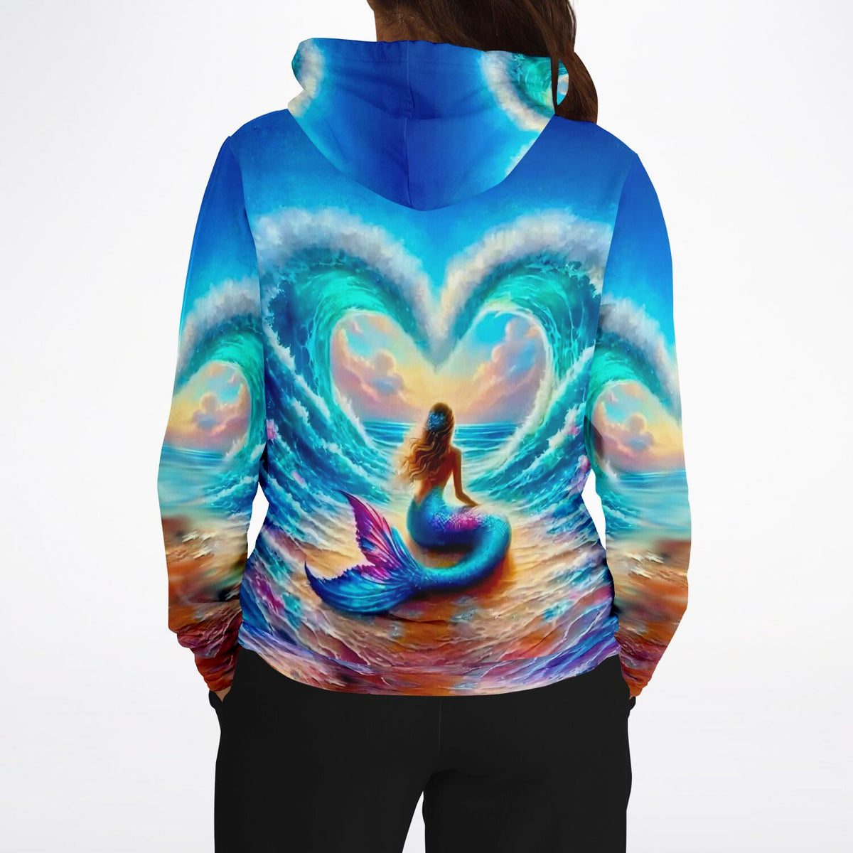 Dreamer Hoodie mit Meerjungfrau-Motiv und herzförmiger Welle, passend zu künstlerischem Malen nach Zahlen Design