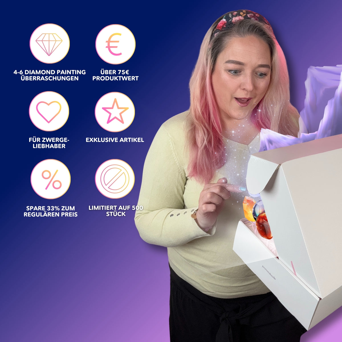 Frau öffnet eine Diamond Painting Mystery-Box mit magischem Inhalt und Zwerge-Motiven für Bastelfans.