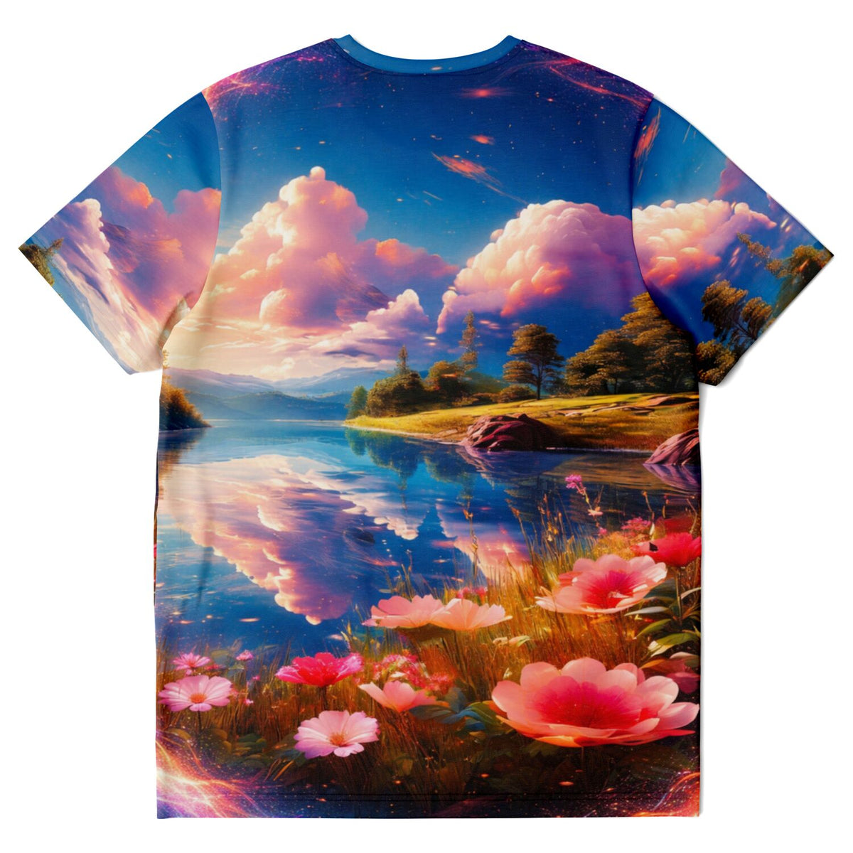 T-Shirt mit traumhaftem See-Motiv und Blumenwiese, ideal für Fans von Malen nach Zahlen und Diamond Painting