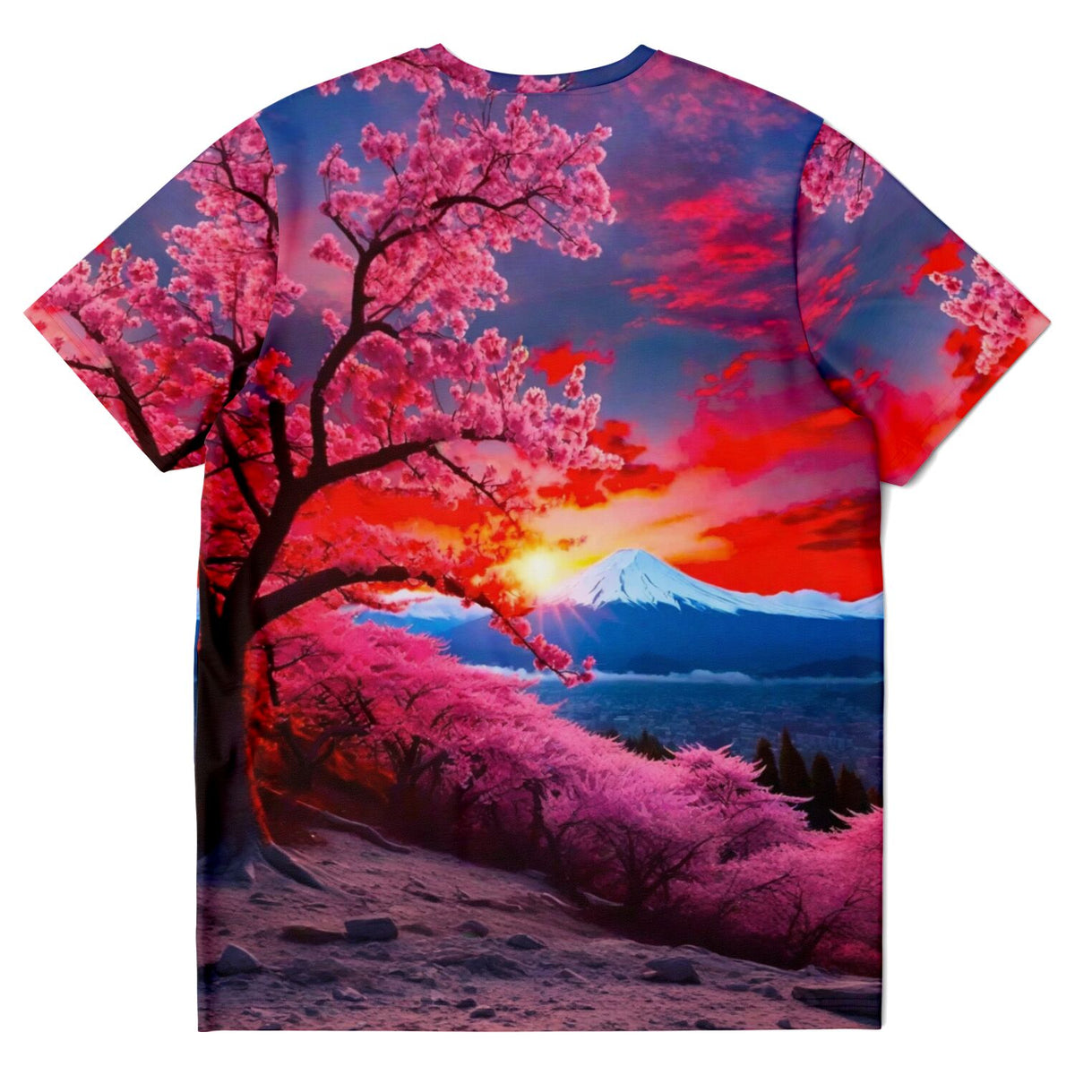 T-Shirt mit Berg der Kirschblüten Motiv, inspiriert durch beliebte Diamond Painting und Malen nach Zahlen Kunststile.