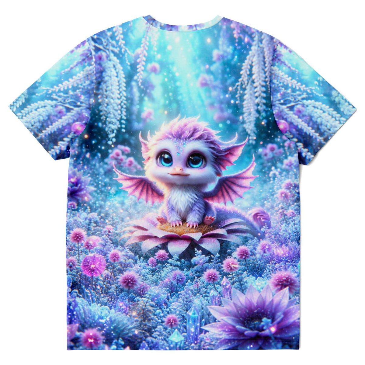 T-Shirt mit süßem Drachen-Motiv in magischer Blumenwiese, inspirierend wie Malen nach Zahlen oder Diamond Painting Designs