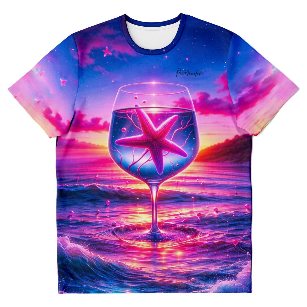 Dreamer T-Shirt - Seesternzauber mit strahlendem Seestern im Weinglas vor einem farbenfrohen Sonnenuntergang am Meer